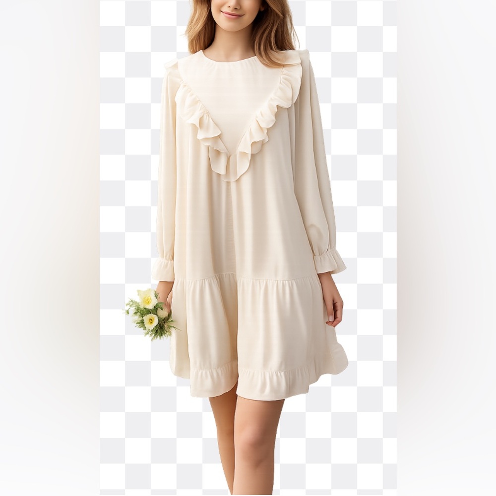 Pinch Ivory S Small Blouson BabyDoll Ruffled Peasant Dress Silky Long Sleeve
